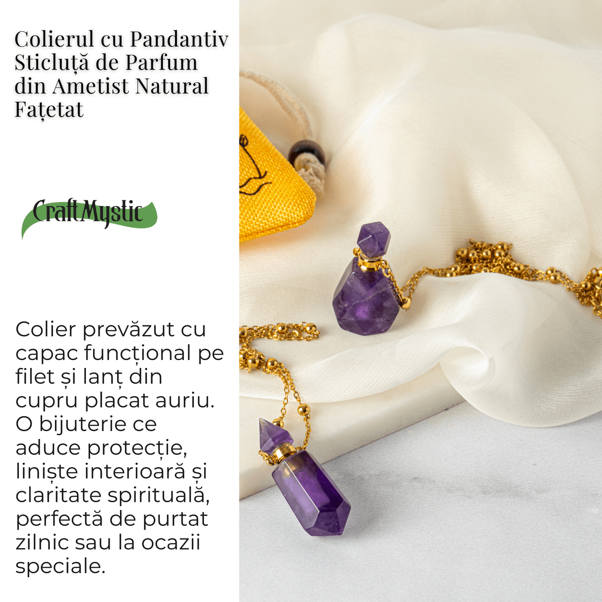 Claritate si Protectie - Colier Sticluta din Ametist Natural Fatetat, lant din Cupru Placat Auriu