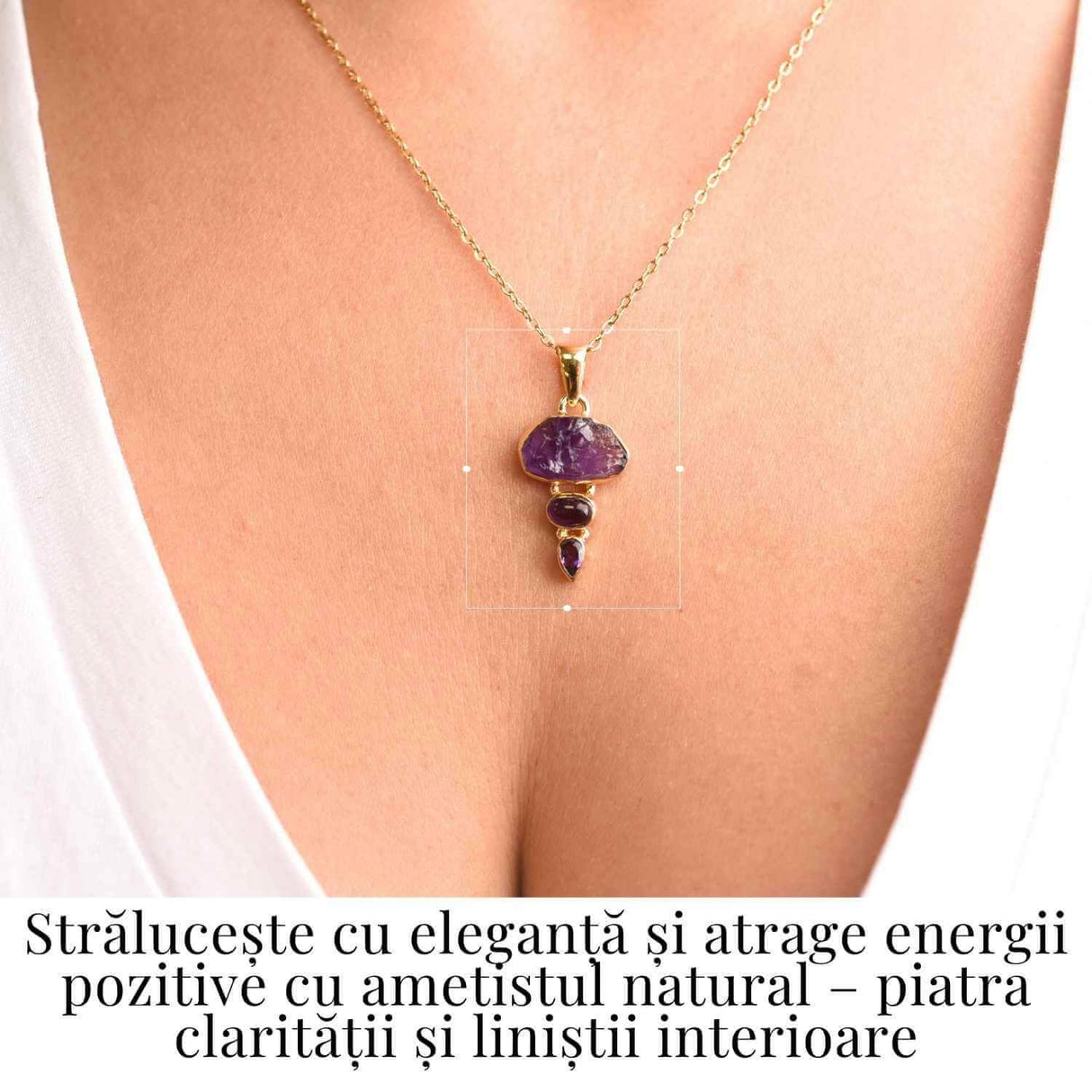 Calm Interior si Claritate Mentala - Colier inox si pandantiv argint 925 placat cu aur de18k si Triplu Ametist