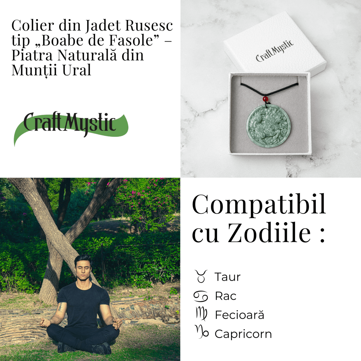 Colier din jadit rusesc natural cu dragon protectiv - talisman de forta si echilibru
