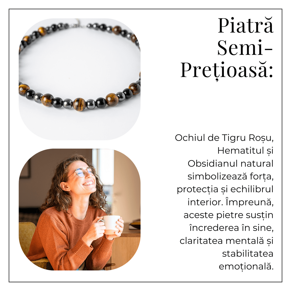 Putere si Protectie - Colier cu Ochi de Tigru, Hematit si Obsidian pe Lant din Otel Inoxidabil