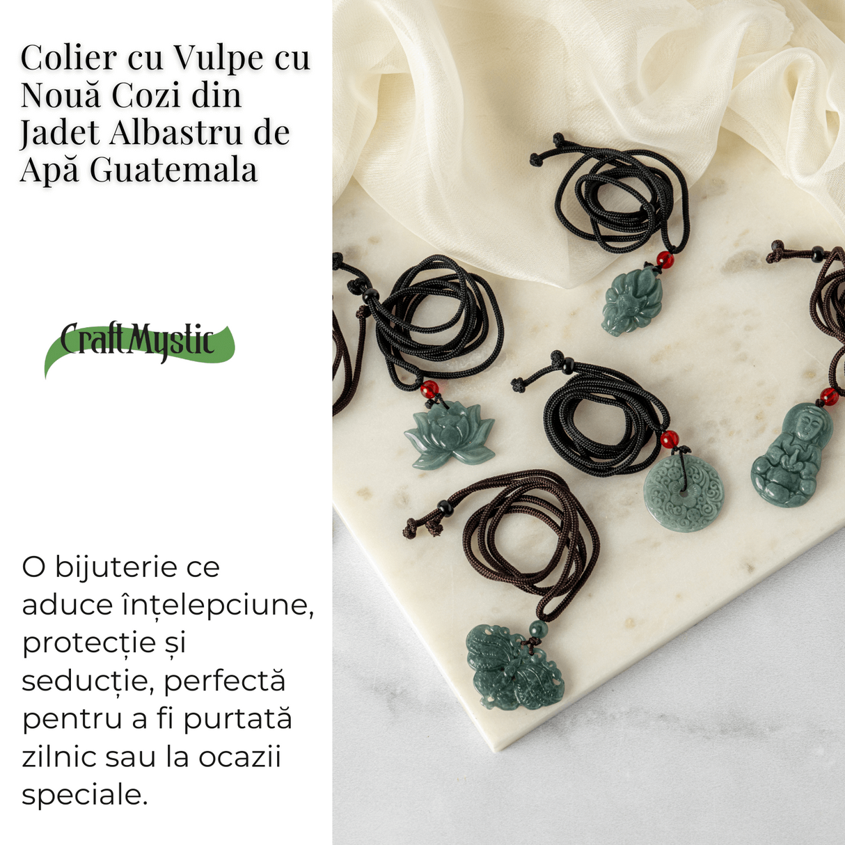 Farmec si Protectie - Colier Vulpe cu Noua Cozi din Jad Albastru de Guatemala