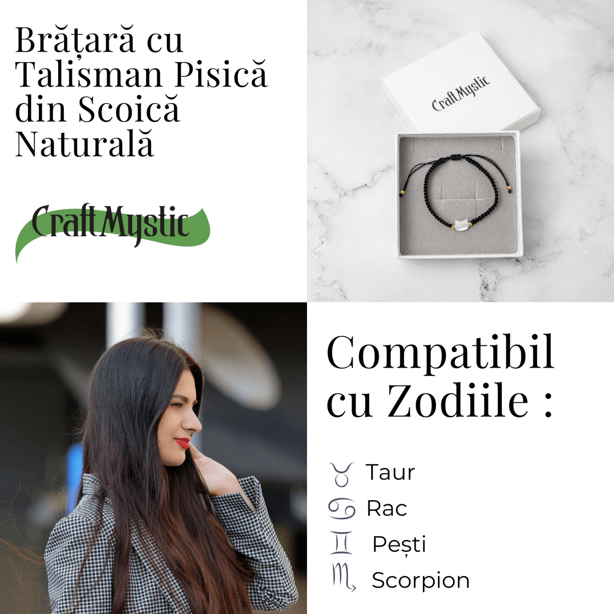 Energie Pozitiva si Puritate - Bratara cu Charm Pisica din Scoica Naturala Alba