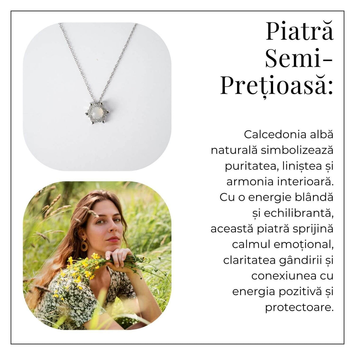 Puritate si Liniste - Colier Fulgi de Nea din Otel Inoxidabil cu Calcedonie Alba Naturala
