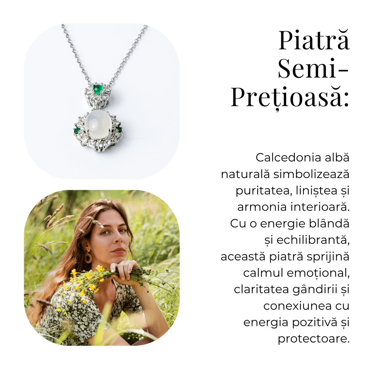 Colier cu Calcedonie Alba si Accente Verzi - Claritate si Echilibru Emotional