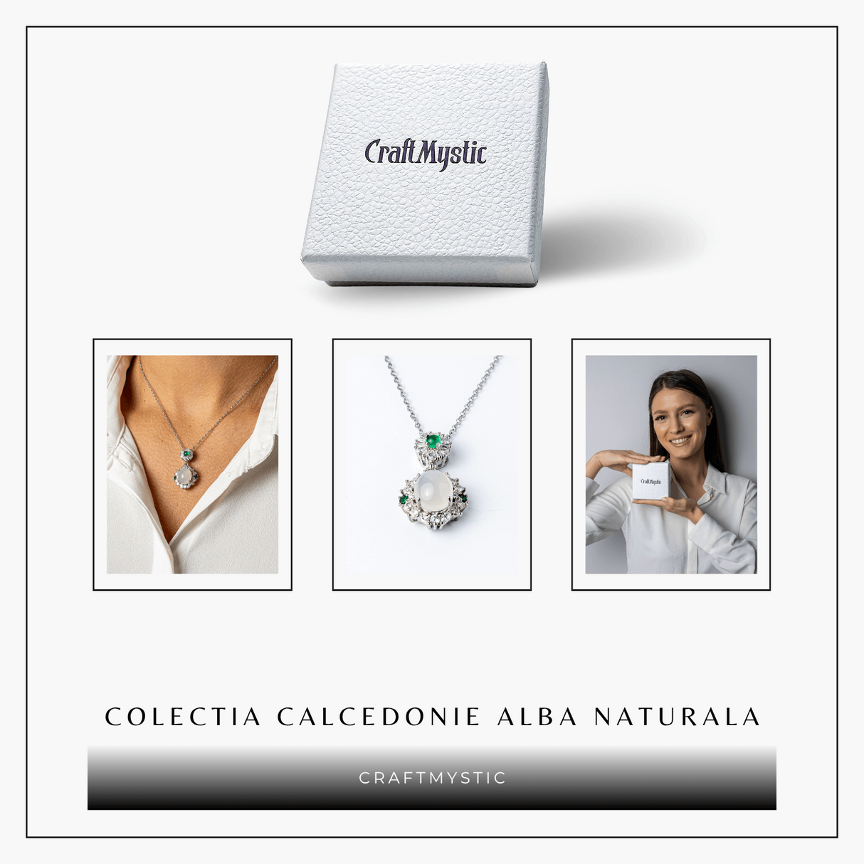 Colier cu Calcedonie Alba si Accente Verzi - Claritate si Echilibru Emotional