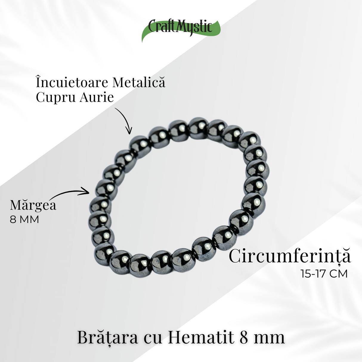 Bratara cu Hematit 8 mm Impamantare si Focus - Unisex, minimalista, puternica