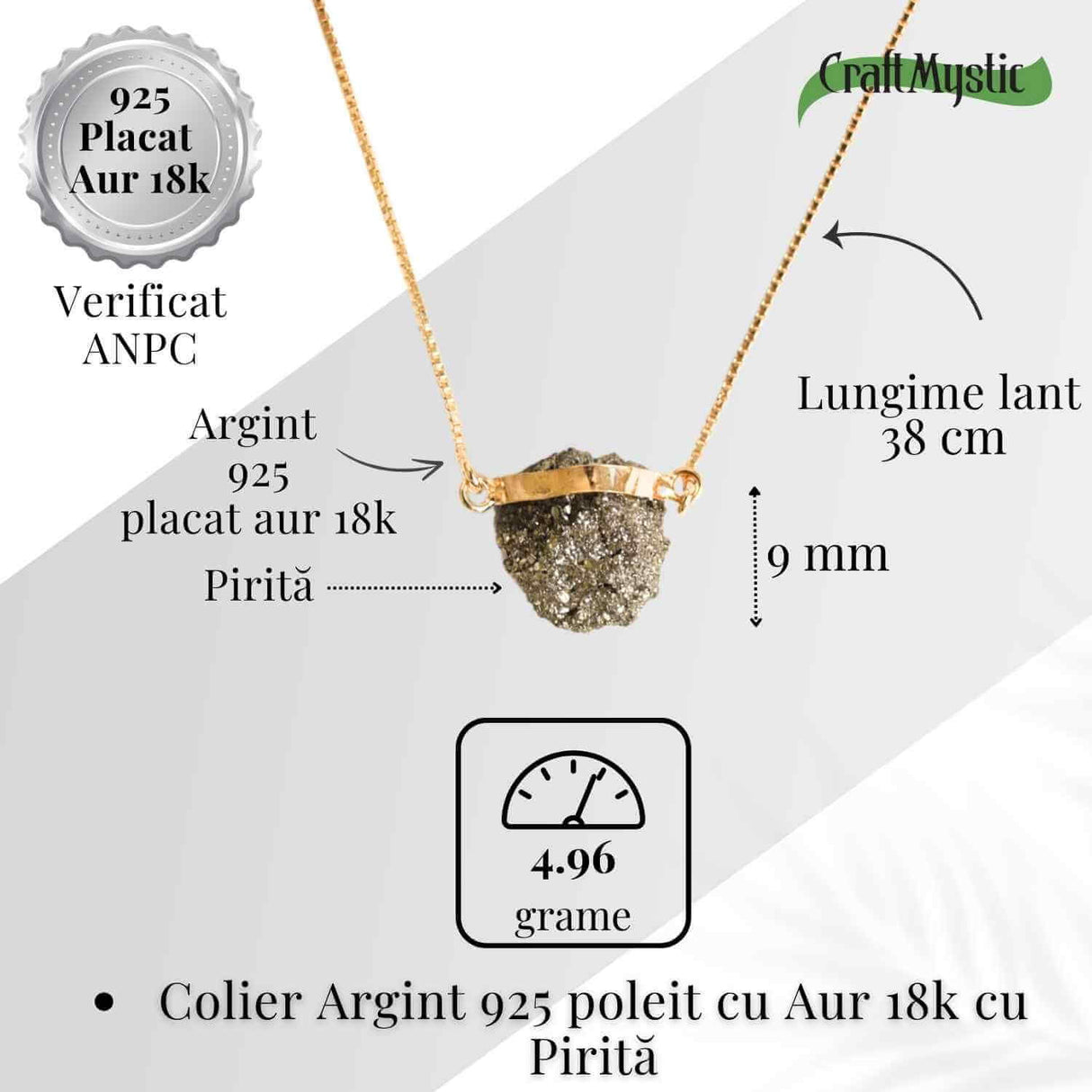 Protectie si Incredere Zilnica - Colier cu Pirita si Argint 925 placat cu aur 18K