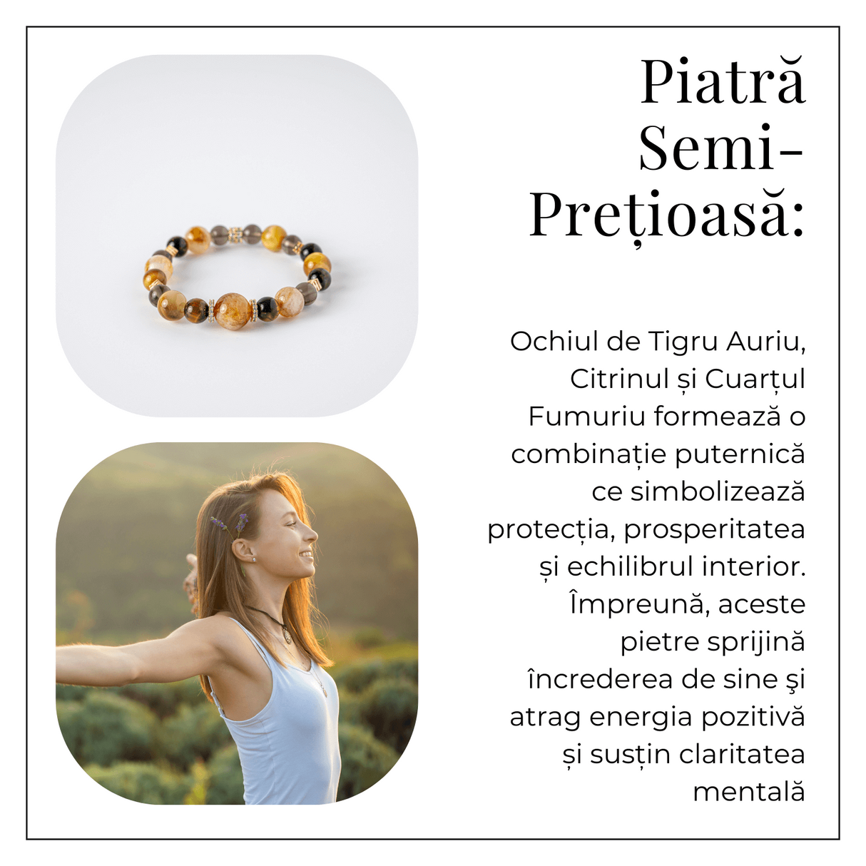 Energie si Abundenta - Bratara din Ochi de Tigru Auriu, Ochi de Tigru, Citrin si Cuart Fumuriu Natural