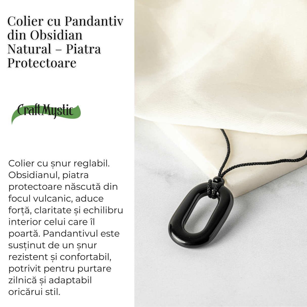 Colier cu Pandantiv Oval din Obsidian Natural - Piatra Protectoare