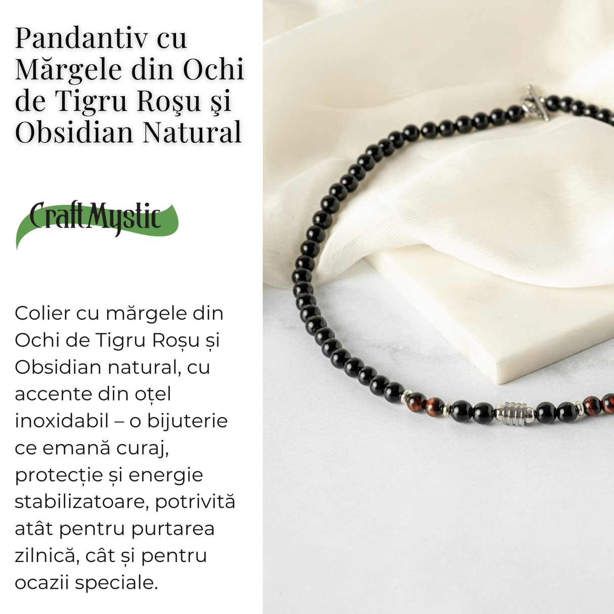 Energie si Protectie - Colier cu Ochi de Tigru Rosu si Obsidian pe Lant din Otel Inoxidabil