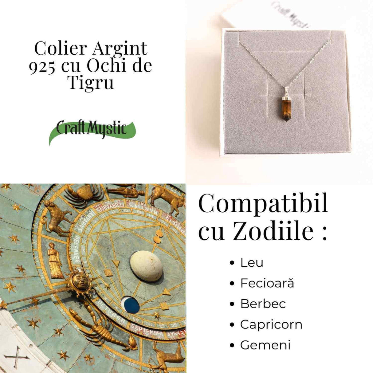 Putere si Protectie Zilnica - Colier Turnulet din Argint 925 cu Ochi de Tigru