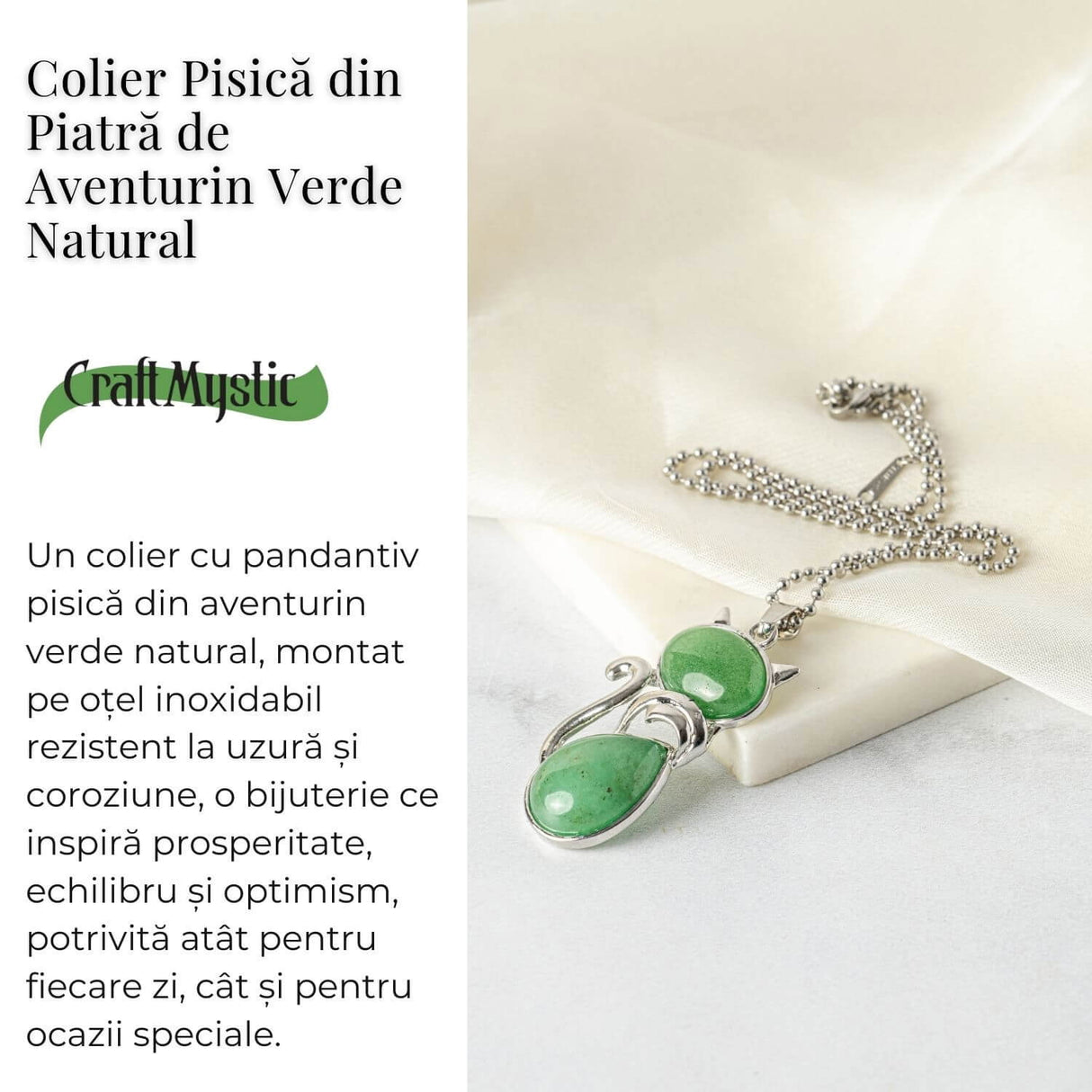 Noroc si Vitalitate - Colier Pisica din Otel Inoxidabil cu Aventurin Verde
