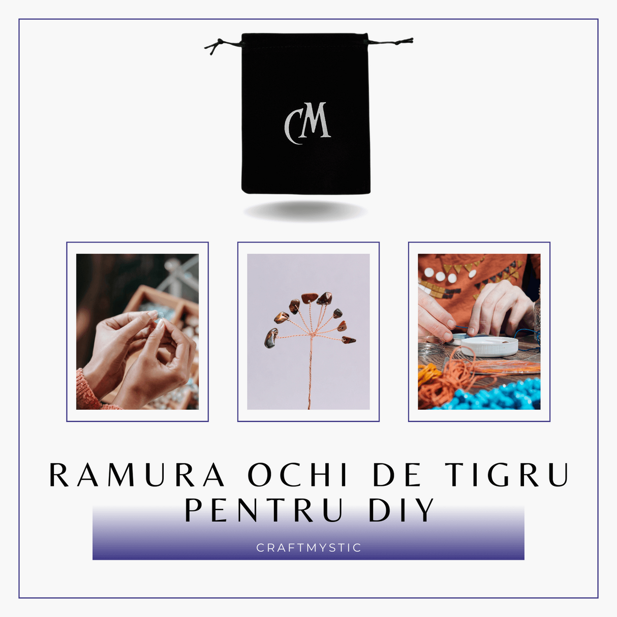 Ramurica Decorativă DIY cu Pietre Naturale Ochi de Tigru (9 Pietricele)