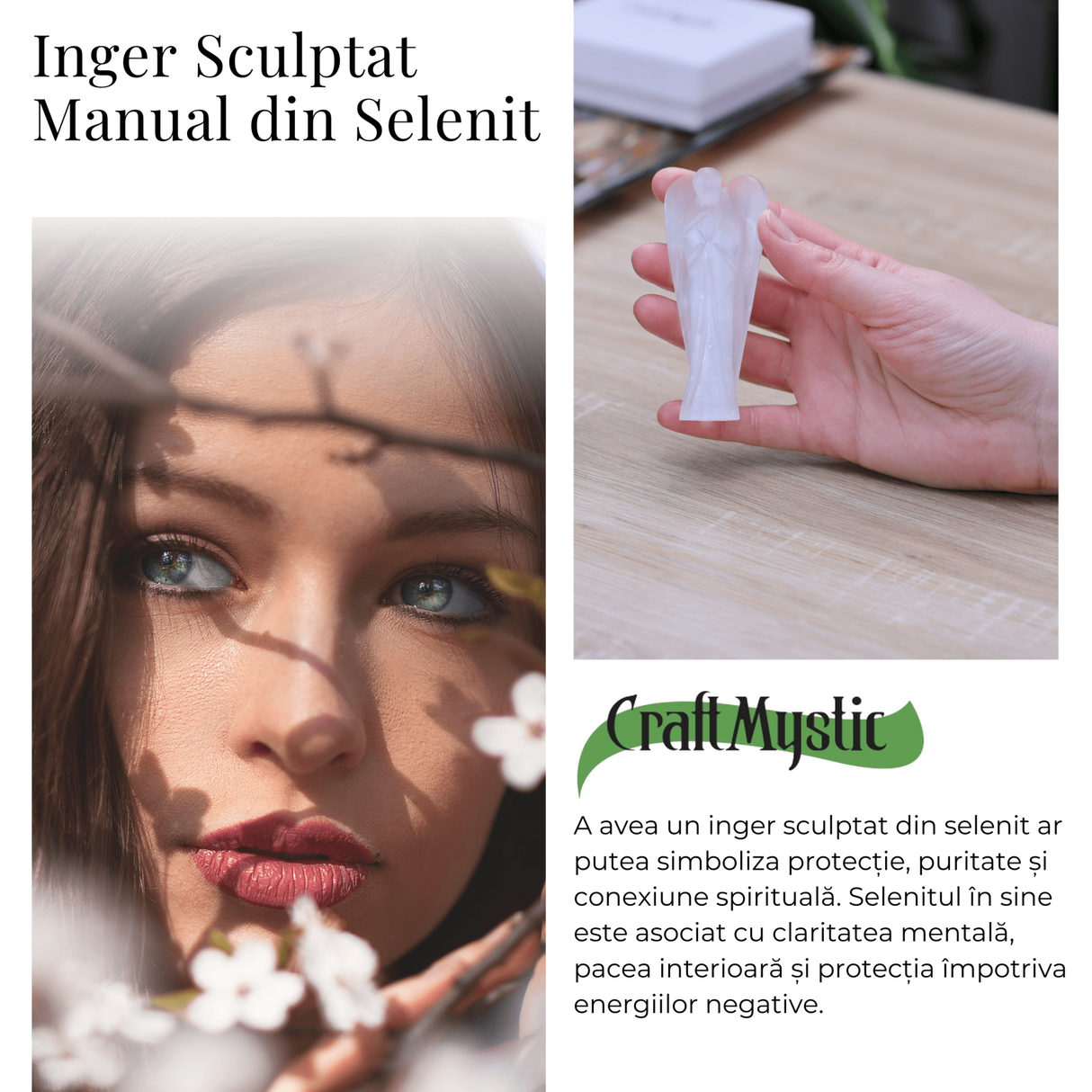 Inger de 80mm Sculptat Manual din Piatra Naturala de Selenit