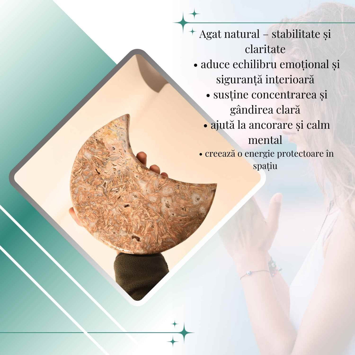 Semiluna decorativa din Agat natural cu incluziuni fibroase - sculptata manual in Brazilia