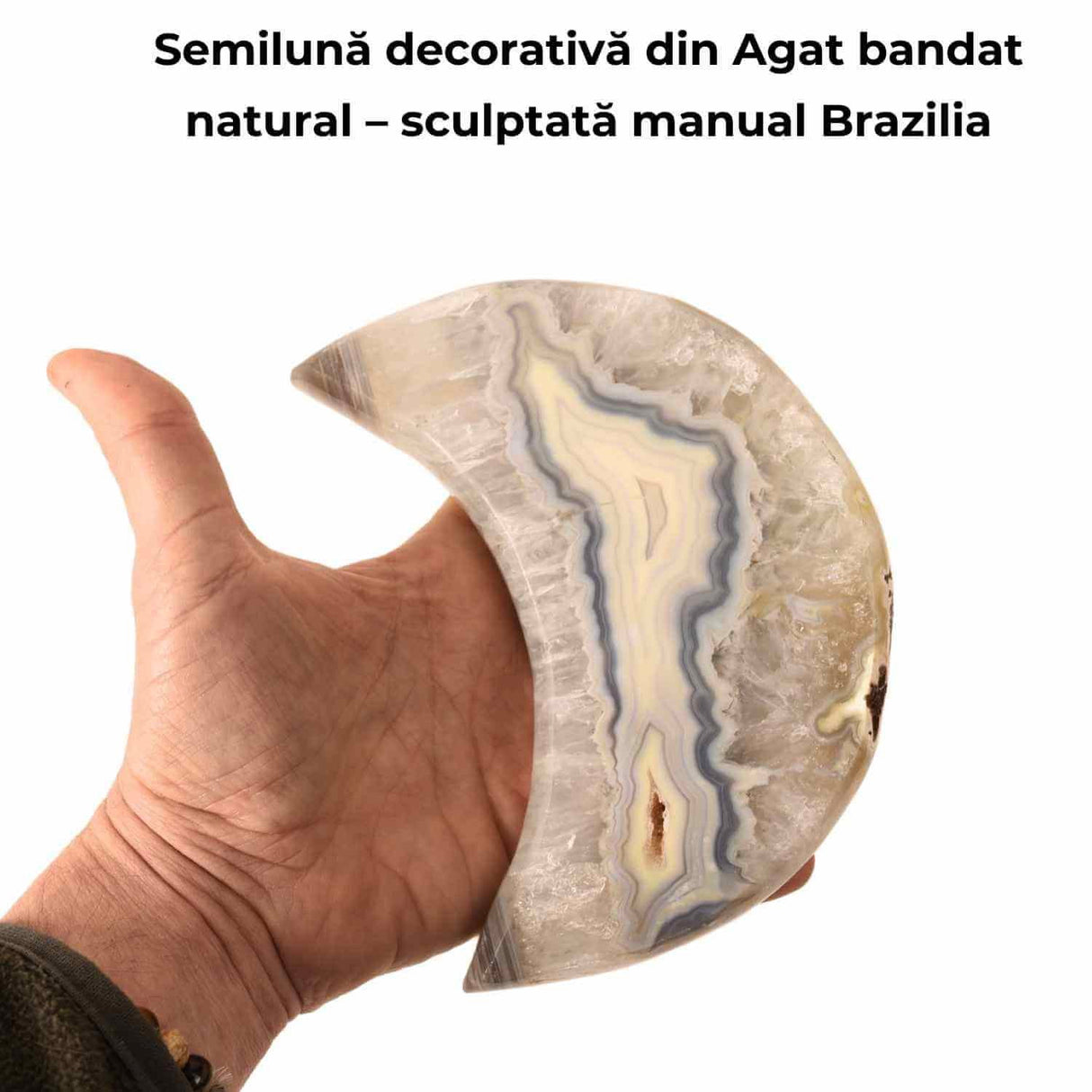 Semiluna decorativa din Agat bandat natural - sculptata manual, Brazilia | Piesa unicat