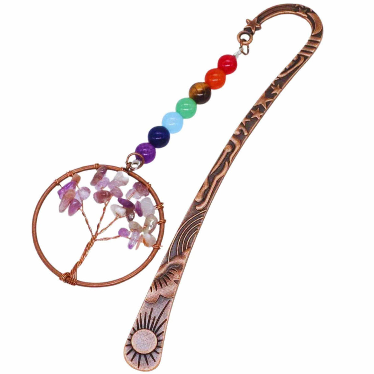 Semn de Carte cu Arborele Vietii si Cele 7 Chakre, Decorat cu Pietricele de Ametist - Un Cadou Spiritual Inedit