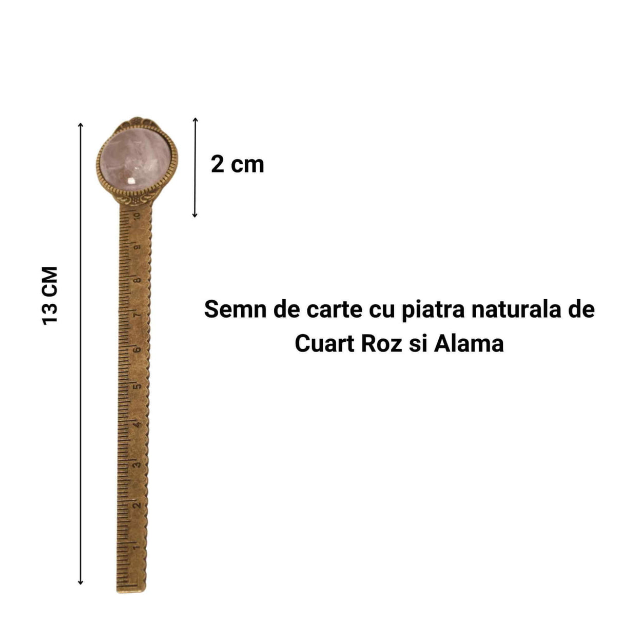 Semn de Carte Elegant cu Piatra Naturala de Cuart Roz si Alama