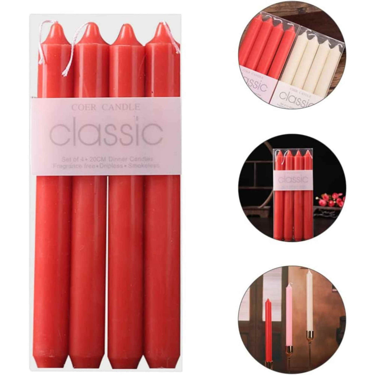 Set 4 Lumanari rosii drepte de 25 cm - Lumanari fara picurare si fara parfum - Perfecte ca lumanari pentru cina, ocazii speciale