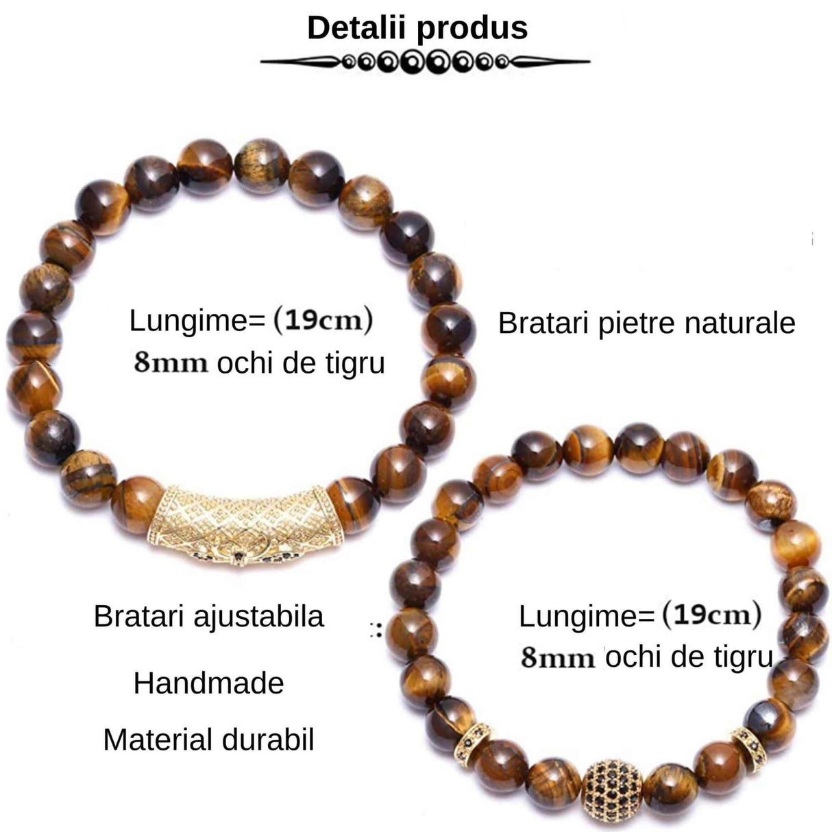 Set 2 Bratari elastice cu pietre semipretioase ochi de tigru de 8 mm - bratara pentru meditatie, yoga, reiki