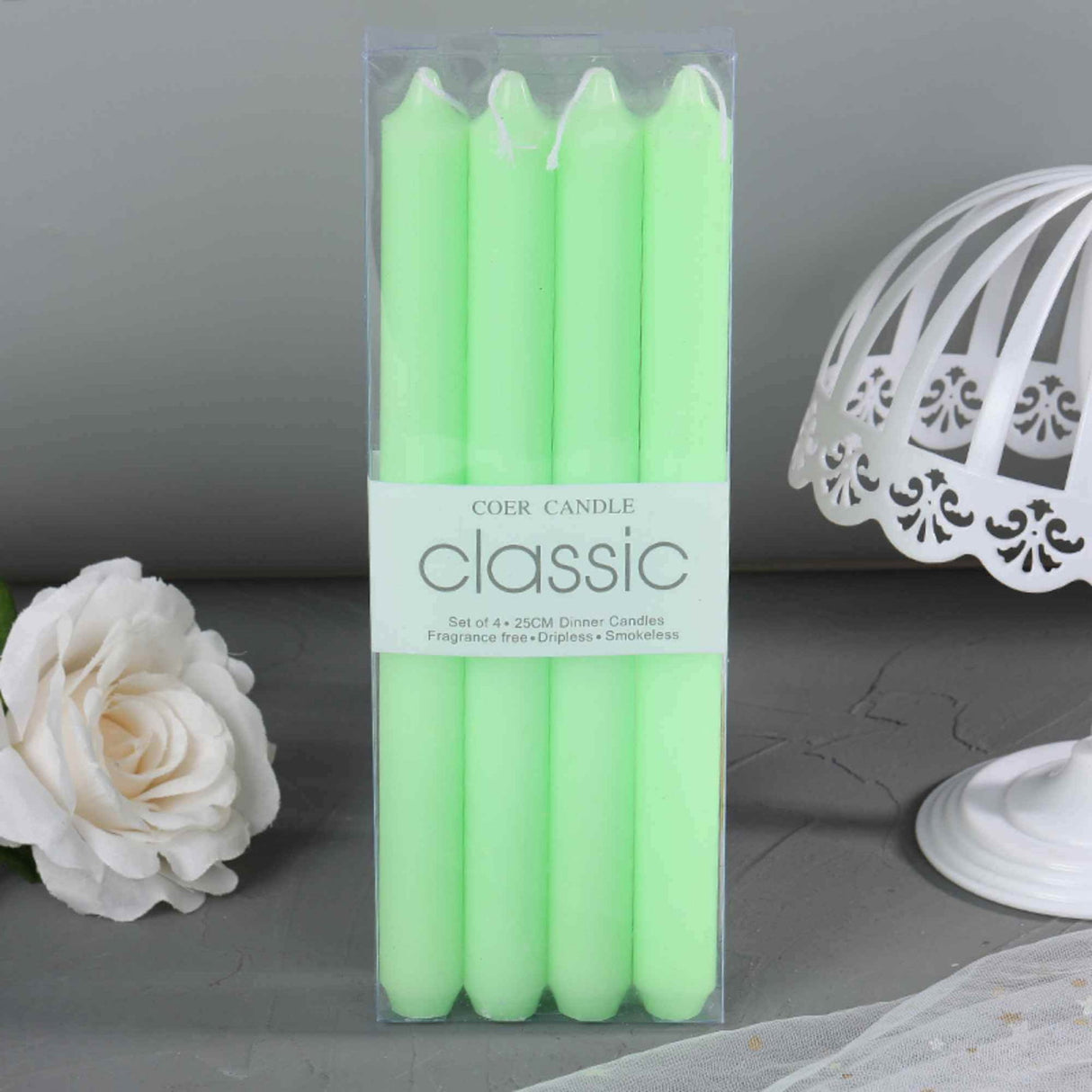 Set 4 Lumanari drepte verde lime de 25 cm - Lumanari fara picurare si fara parfum - Perfecte ca lumanari pentru cina, ocazii speciale