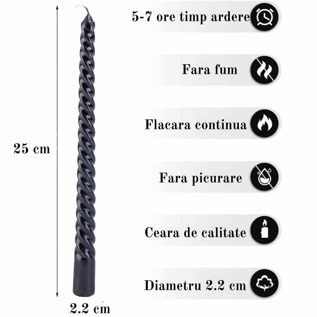 Set 4 Lumanari negre spirala de 25 cm - Lumanari fara picurare si fara parfum - Perfecte ca lumanari pentru cina, ocazii speciale