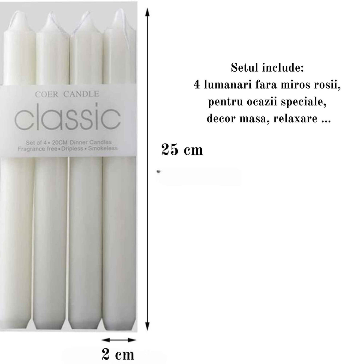 Set 4 Lumanari albe drepte de 25 cm - Lumanari fara picurare si fara parfum - Perfecte ca lumanari pentru cina, ocazii speciale