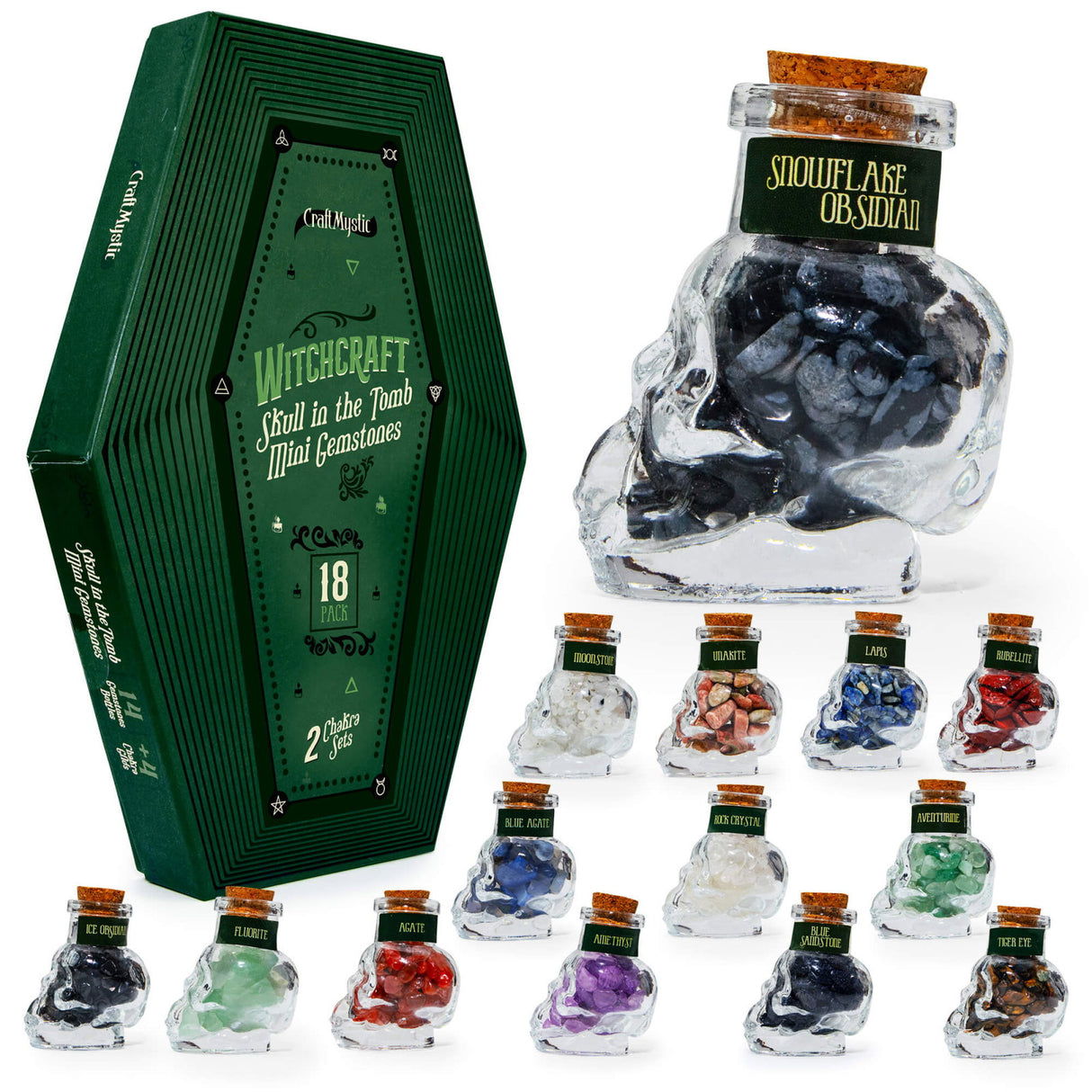 Set 14 Mini Cristale Naturale in sticlute cu forma de craniu - Un cadou perfect pentru incepatori in magie si vindecare spirituala - Cristale si pietre chakra Wiccan