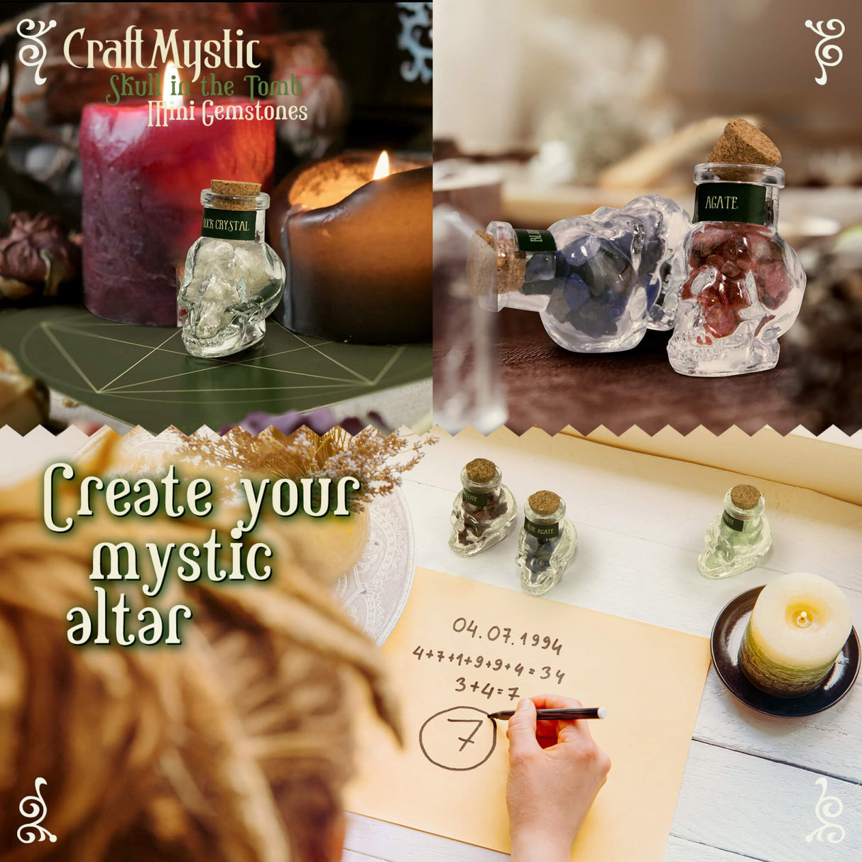 Set 14 Mini Cristale Naturale in sticlute cu forma de craniu - Un cadou perfect pentru incepatori in magie si vindecare spirituala - Cristale si pietre chakra Wiccan