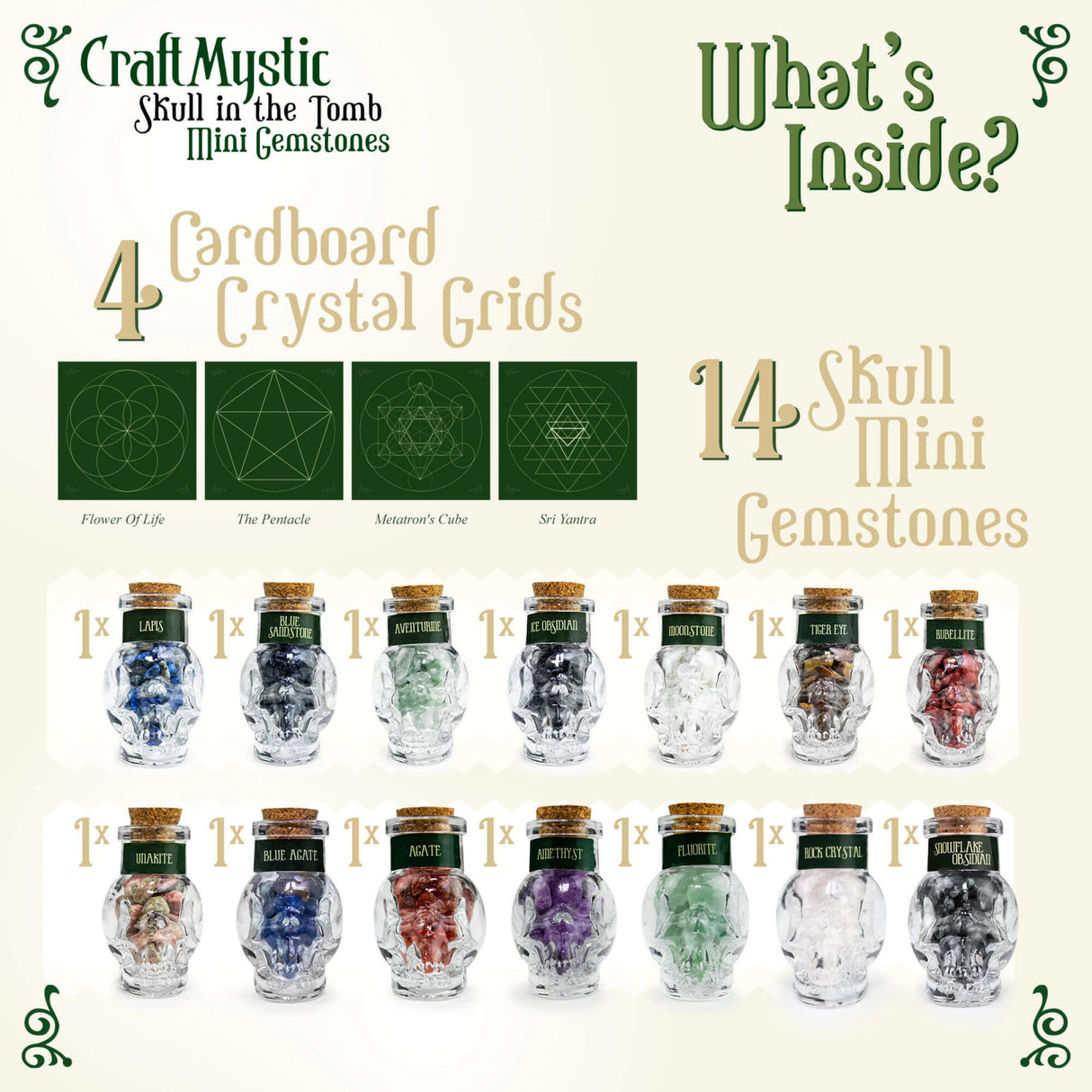 Set 14 Mini Cristale Naturale in sticlute cu forma de craniu - Un cadou perfect pentru incepatori in magie si vindecare spirituala - Cristale si pietre chakra Wiccan