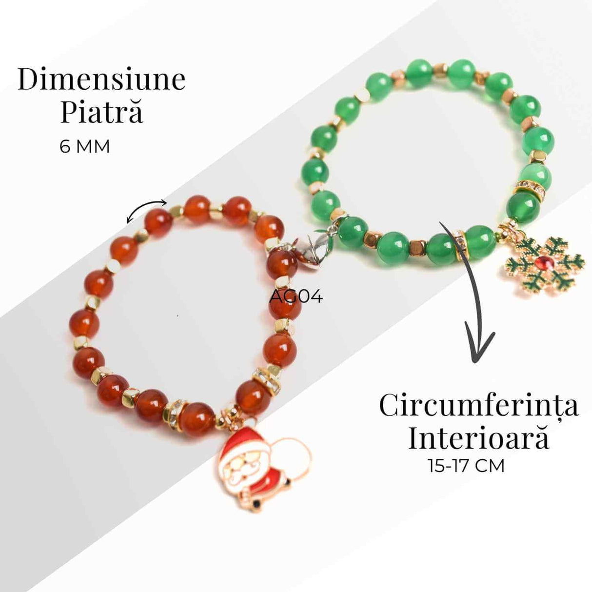 Set bratari cuplu Agat rosu, verde cu accesoriu Mos Craciun si fulg de nea - iubire si protectie