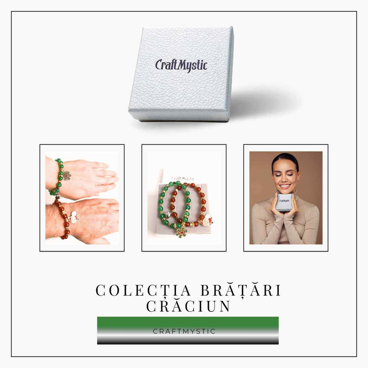 Set bratari cuplu Agat rosu, verde cu accesoriu Mos Craciun si fulg de nea - iubire si protectie