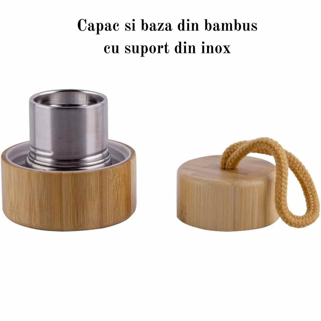 Sticla pentru apa cu varf cristal Cuart Roz si Bambus - Capacitate 500 ml si include husa de protectie neagra