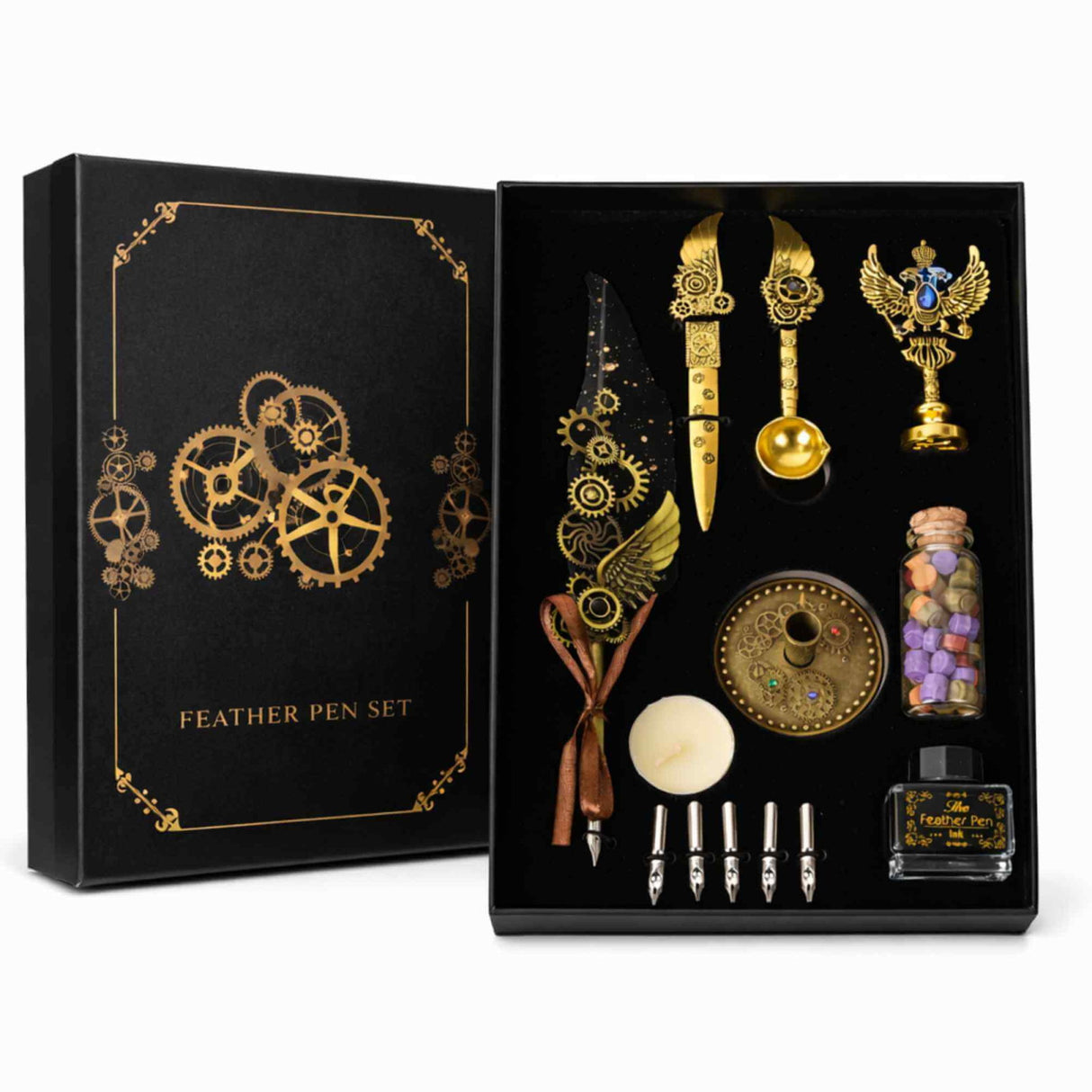 Set Stilou Pana neagra Steampunk cu Accesorii Complete - Caligrafie, Sigilii si Cadou Premium