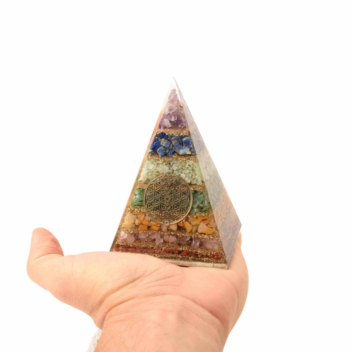 Piramida Orgonica de 11.5 cm cu 7 Pietre Naturale pentru Cele 7 Chakre si Simbolul 'Floarea Vietii' - Protectie impotriva Radiatiilor EMF si Amplificare a Energiei Pozitive