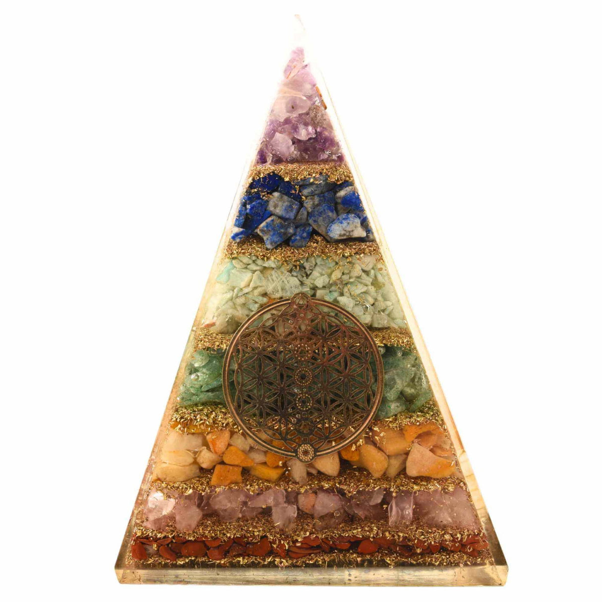 Piramida Orgonica de 11.5 cm cu 7 Pietre Naturale pentru Cele 7 Chakre si Simbolul 'Floarea Vietii' - Protectie impotriva Radiatiilor EMF si Amplificare a Energiei Pozitive