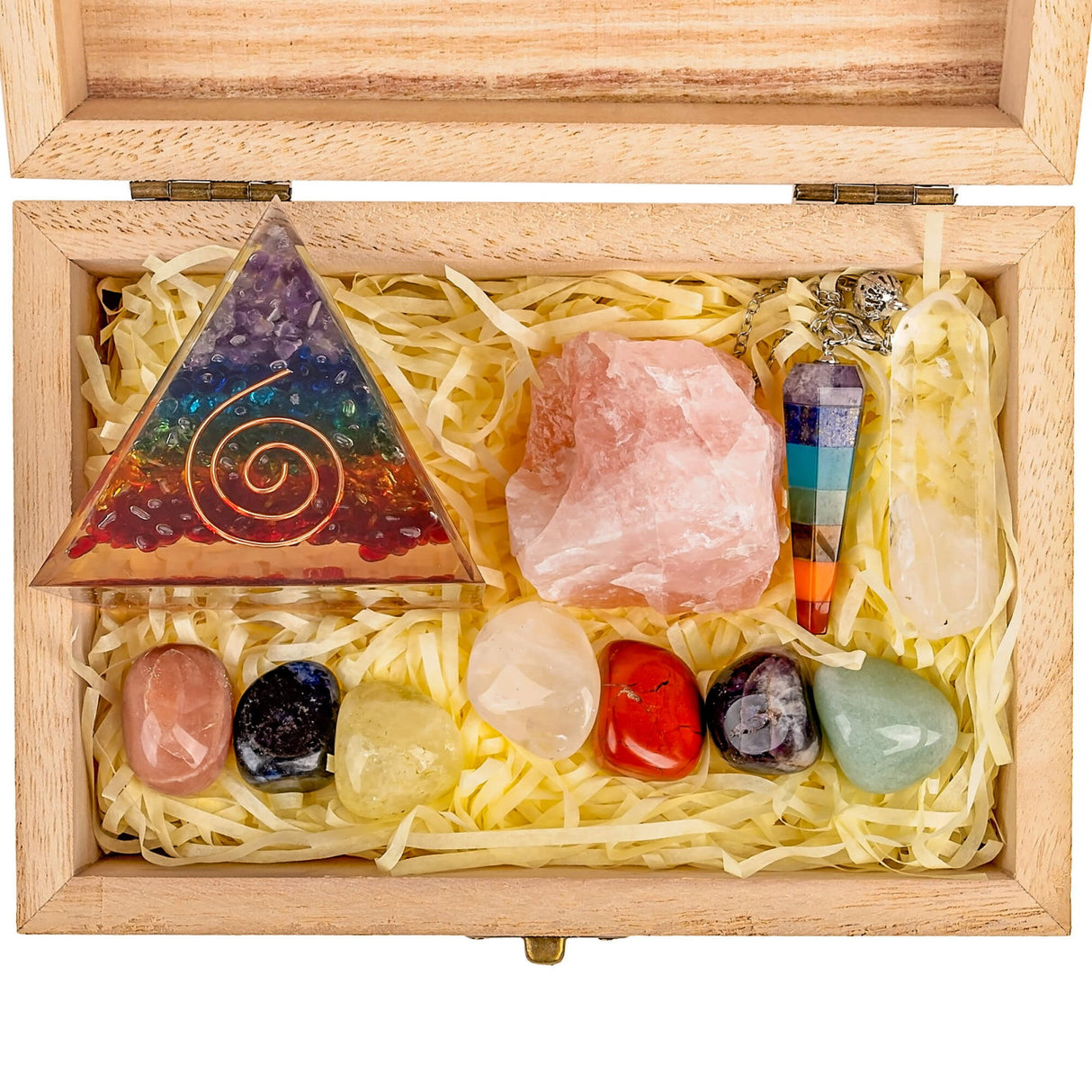Set premium cu cristale, pietre naturale si piramida orgonica in cutie de lemn - 11 piese pentru meditatie, spiritualitate, echilibrarea chakrelor – Piramida orgonica chakra , pendul chakra, cuart roz