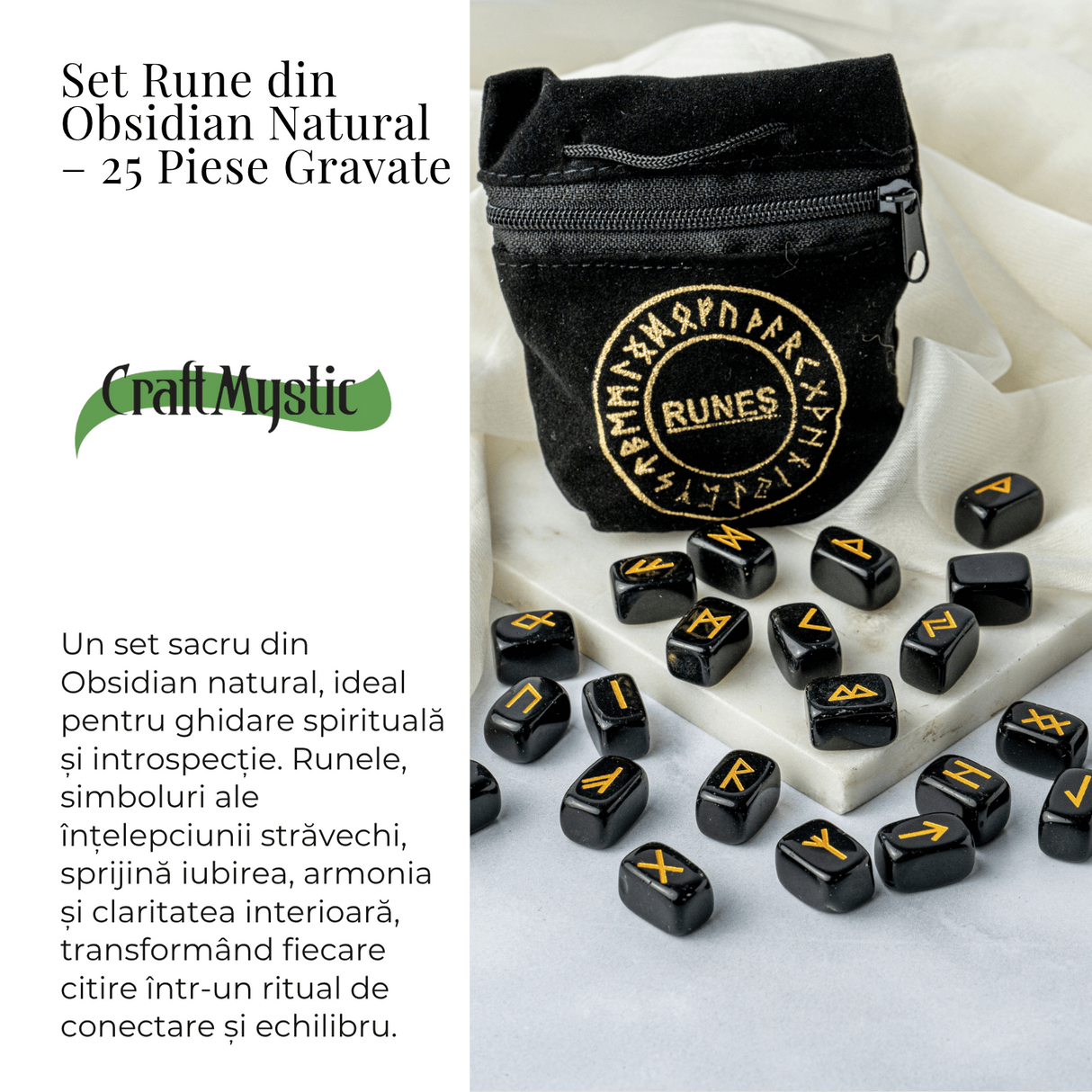 Set Rune din Obsidian Natural - Protectie, Claritate si Putere Interioara