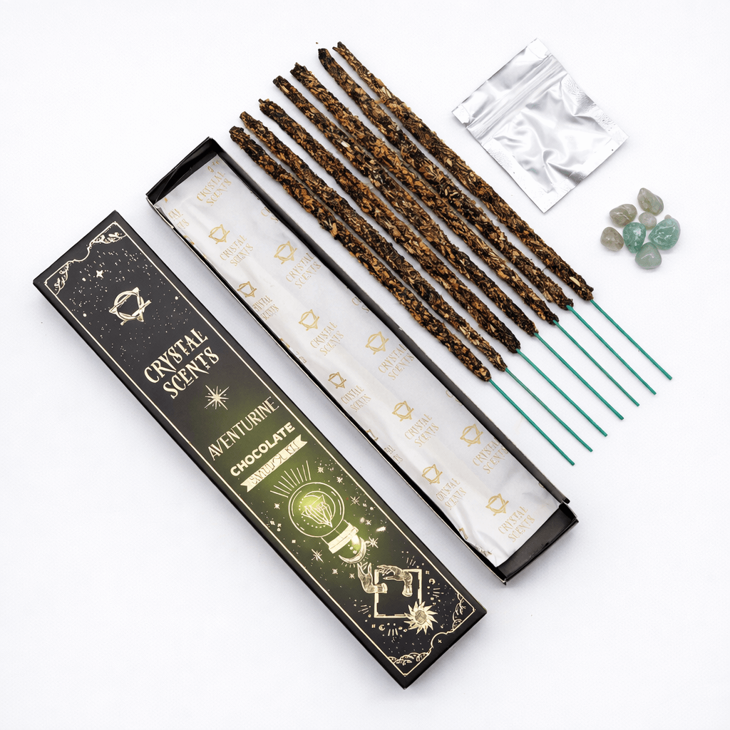 Smudge Kit cu Aventurin Verde si Betisoare Parfumate cu Ciocolata pentru Prosperitate si Echilibru