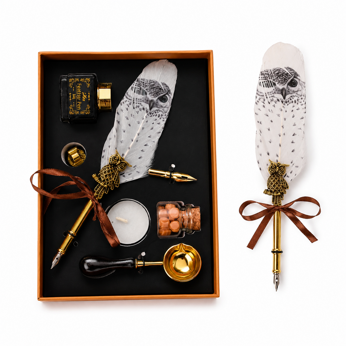 Set Stilou Pana Alba cu Bufnita Vintage – Eleganta si Inspiratie pentru Scris Artistic
