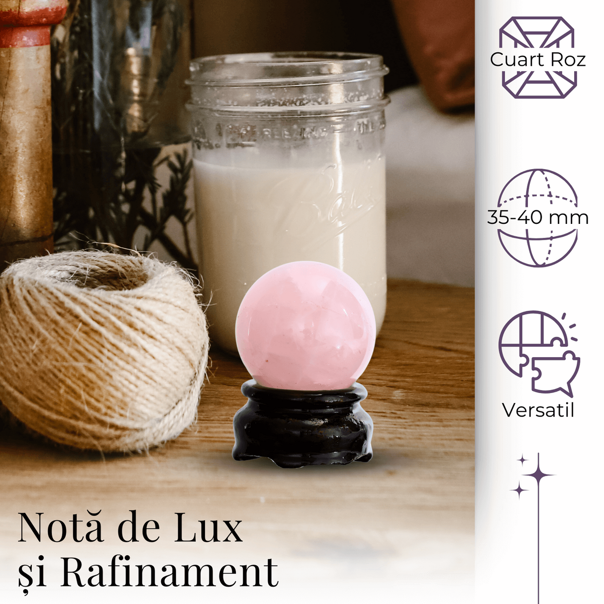 Sfera din Cuart Roz 35-40 mm cu Suport Inclus - Promoveaza Iubirea de Sine și Armonia