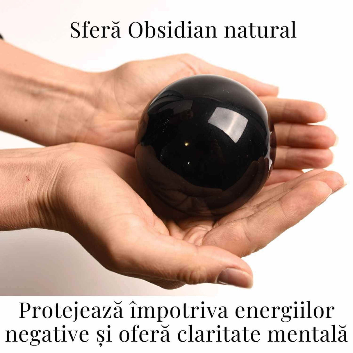 Sfera Obsidian Negru 100% Natural 80 mm cu Suport Lemn India - Protectie si Purificare Energetica