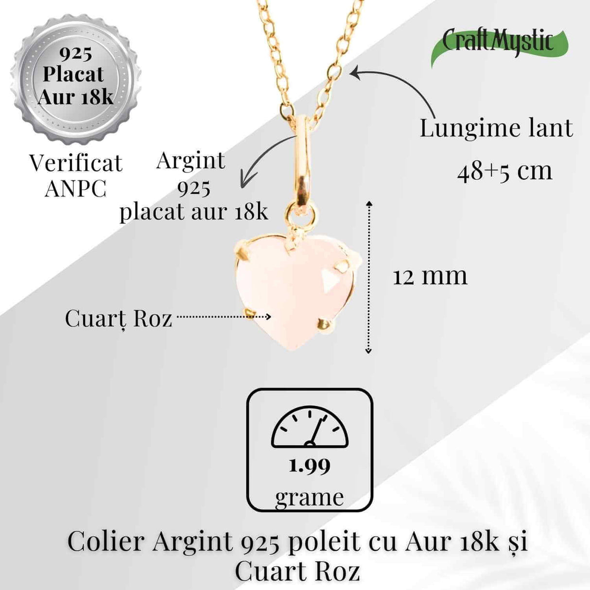 Iubire si Blandete - Colier din Argint 925 Placat cu Aur 18K cu Cuart Roz fatetat in Forma de Inima