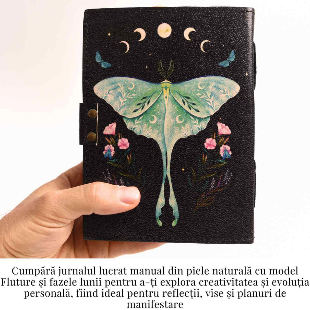 Jurnal din piele naturala cu incuietoare epoca, fazele lunii si fluture - Magie si creativitate