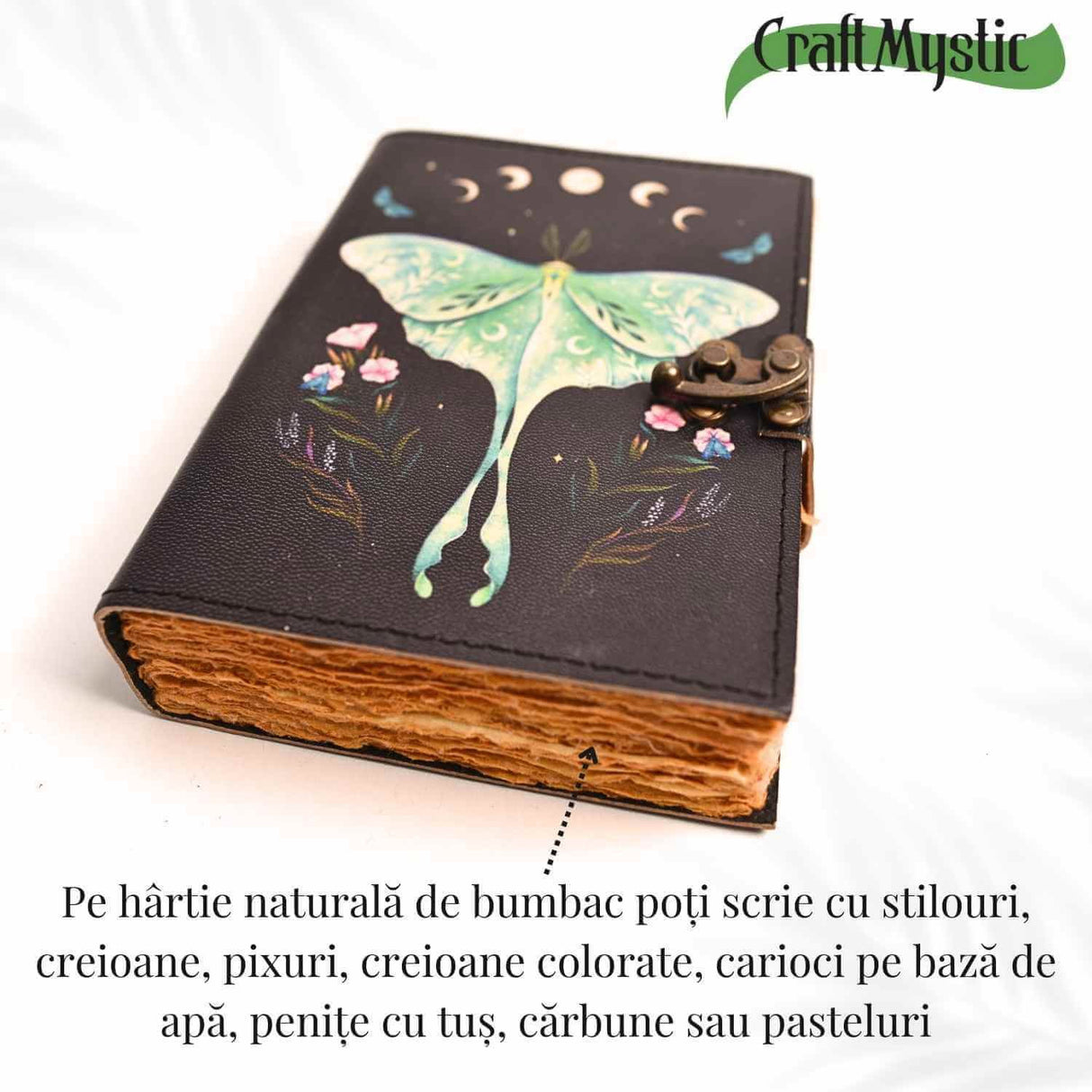 Jurnal din piele naturala cu incuietoare epoca, fazele lunii si fluture - Magie si creativitate