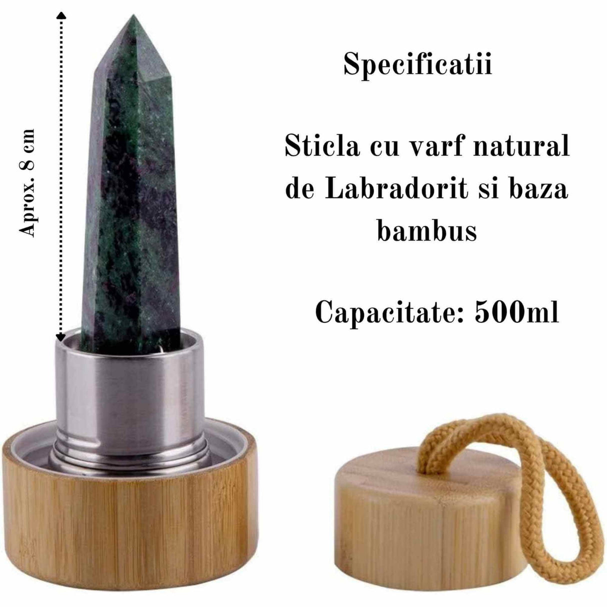 Sticla pentru apa cu varf cristal Labradorit si Bambus - Capacitate 500 ml si include husa de protectie neagra
