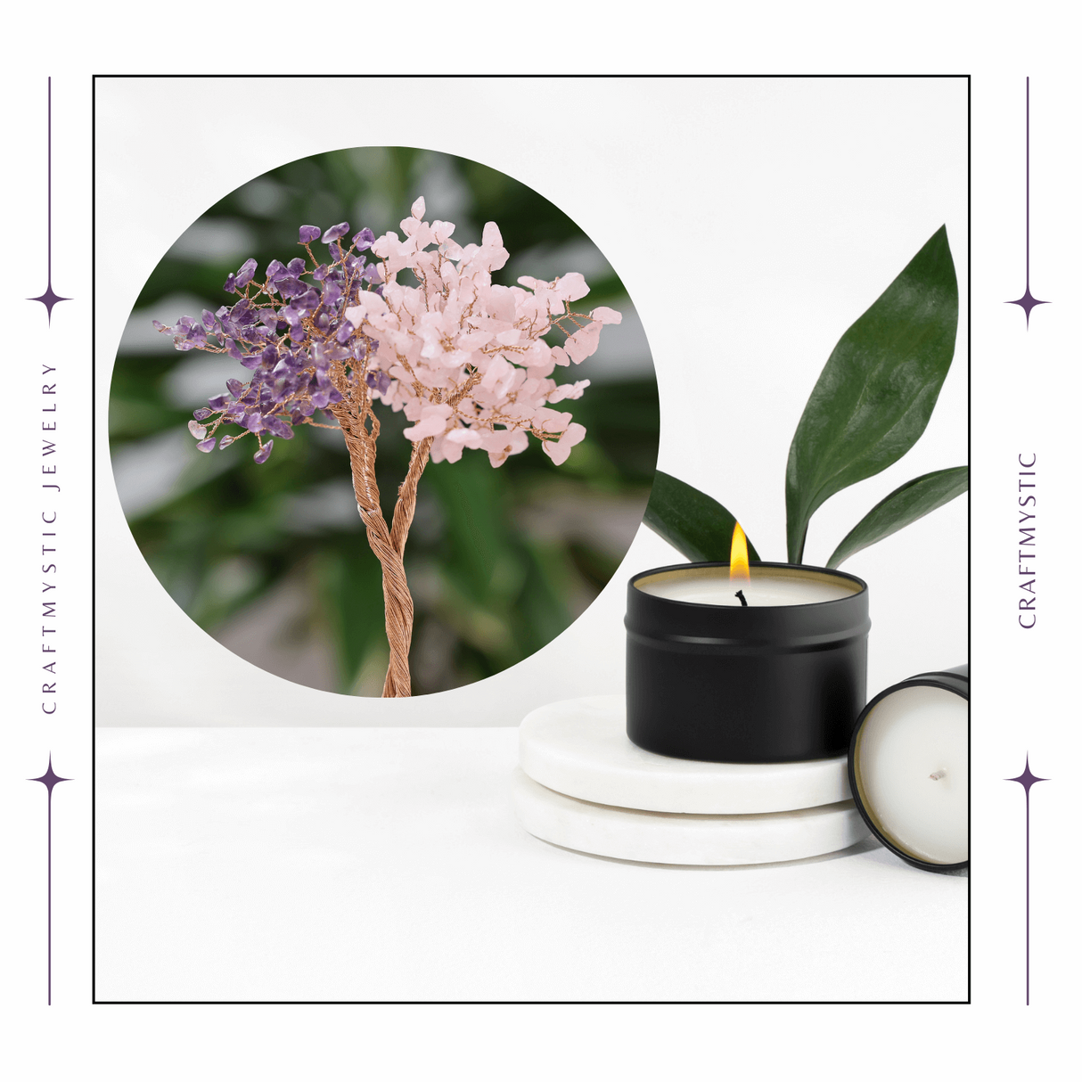 Copacel Decorativ cu Ametist si Cuart Roz pe Baza de Agat - Armonie si Energie - 20 cm, 280 Pietricele