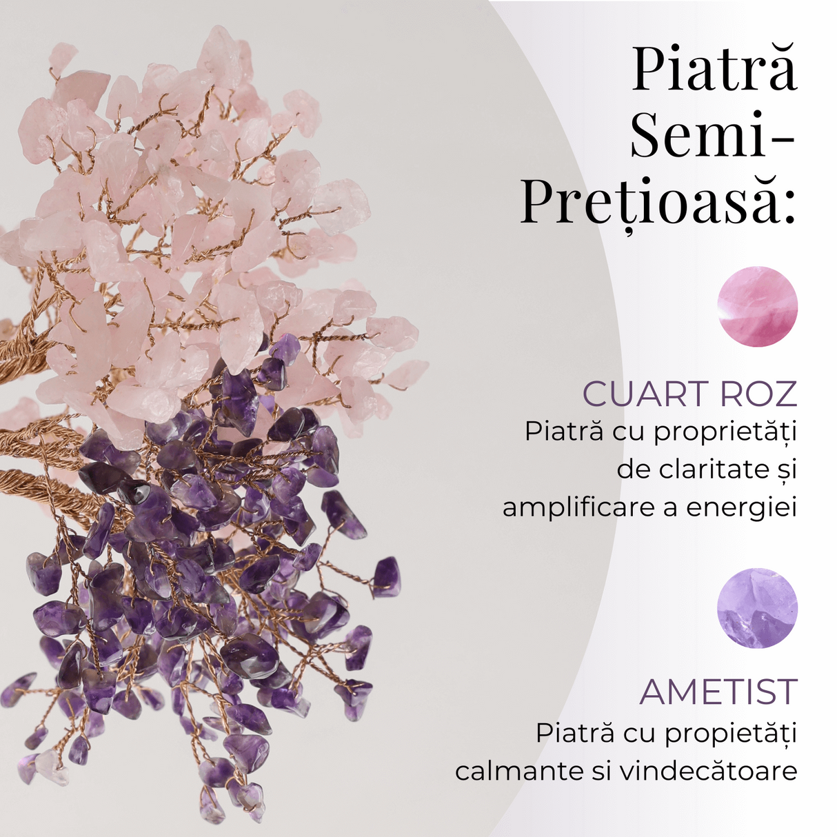 Copacel Decorativ cu Ametist si Cuart Roz pe Baza de Agat - Armonie si Energie - 20 cm, 280 Pietricele