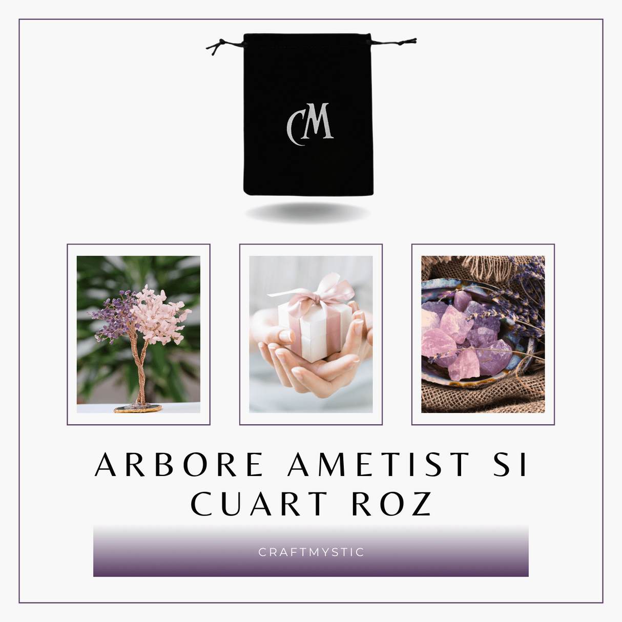 Copacel Decorativ cu Ametist si Cuart Roz pe Baza de Agat - Armonie si Energie - 20 cm, 280 Pietricele