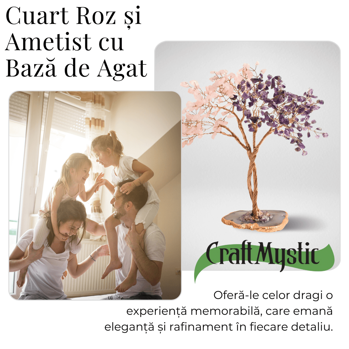 Copacel Decorativ cu Ametist si Cuart Roz pe Baza de Agat - Armonie si Energie - 20 cm, 280 Pietricele